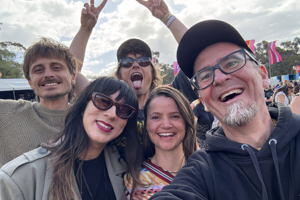 Oli and Louis Leimbach from Lime Cordiale, Heidi Lenffer and Beatrice Jeavons from FEAt Artists and Matthew Wright-Simon from Engage Change in a happy festival selfie